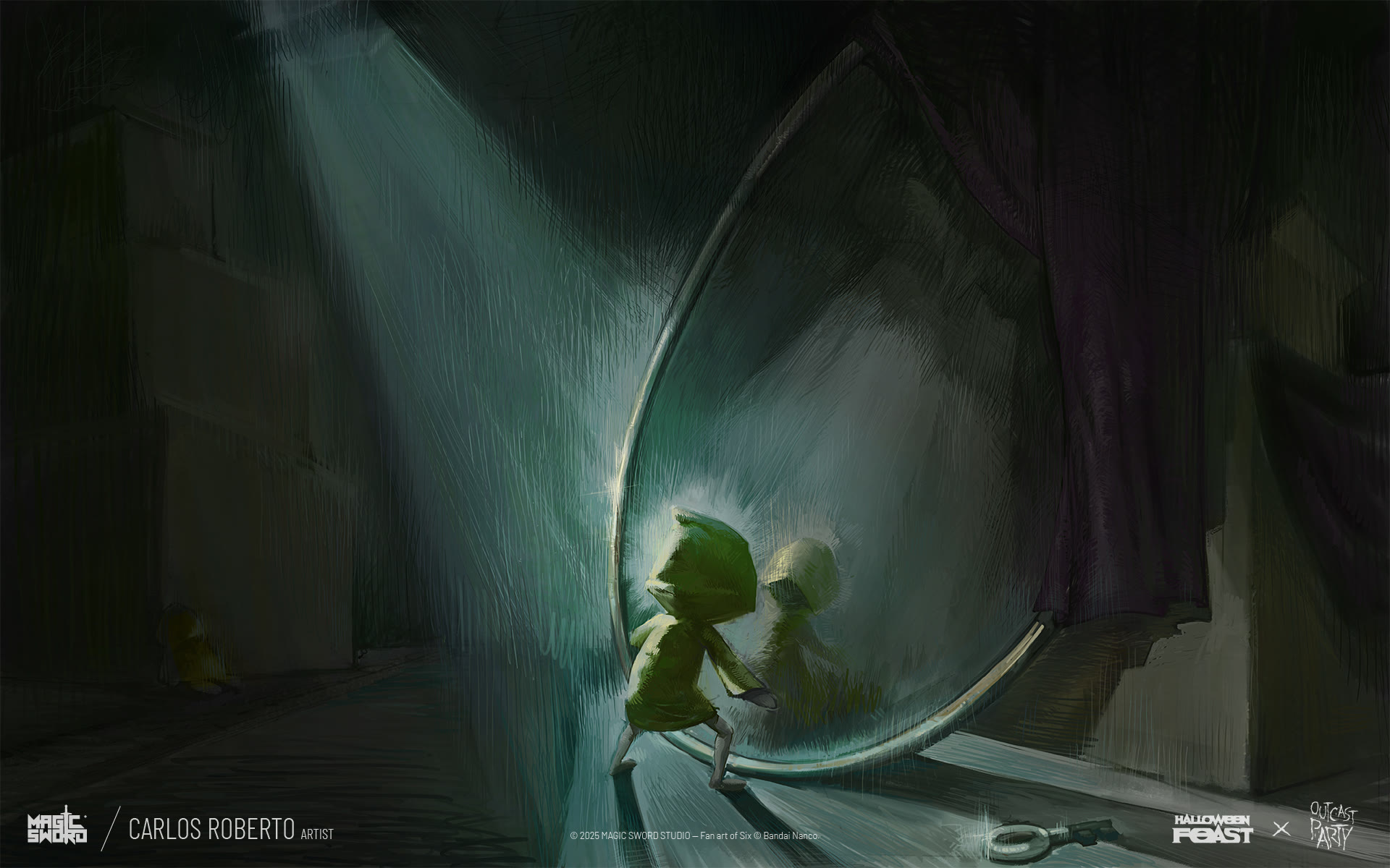 Six from Little Nightmares, fan art trading card illustrated by Carlos Roberto for Halloween Feast 2025: Outcast Party by Magic Sword Studio
